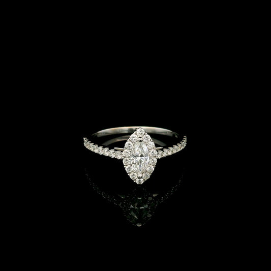 18K white gold marquise diamond halo engagement ring with diamond band featuring a 0.29 carat natural marquise cut centre diamond.