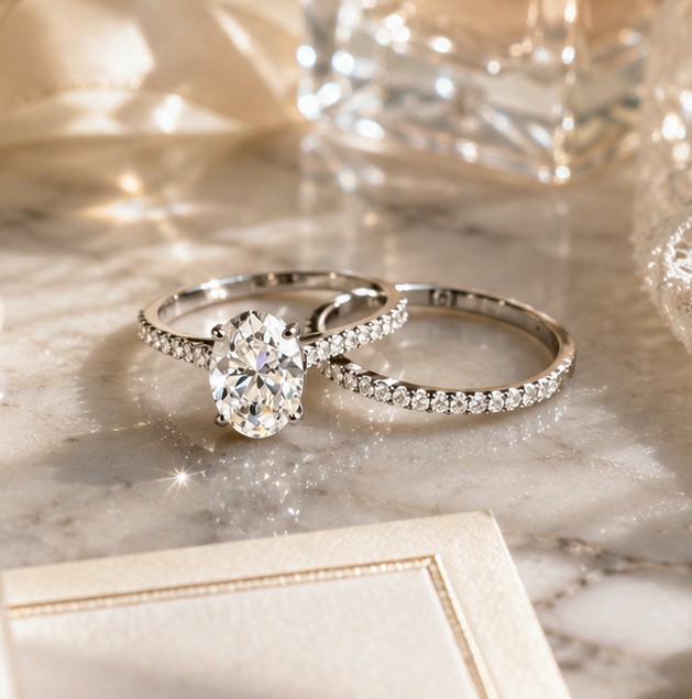 Oval Cut Diamond Bridal Set in 18K White Gold