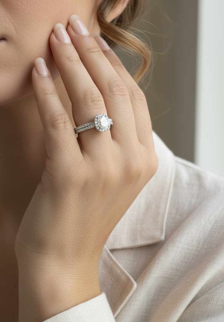 Cushion cut diamond bridal ring set in 18K white gold with diamond wedding band by Emirates Diamonds.