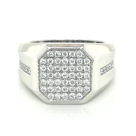 Cluster Set Men's Diamond Ring In 18k White Gold.