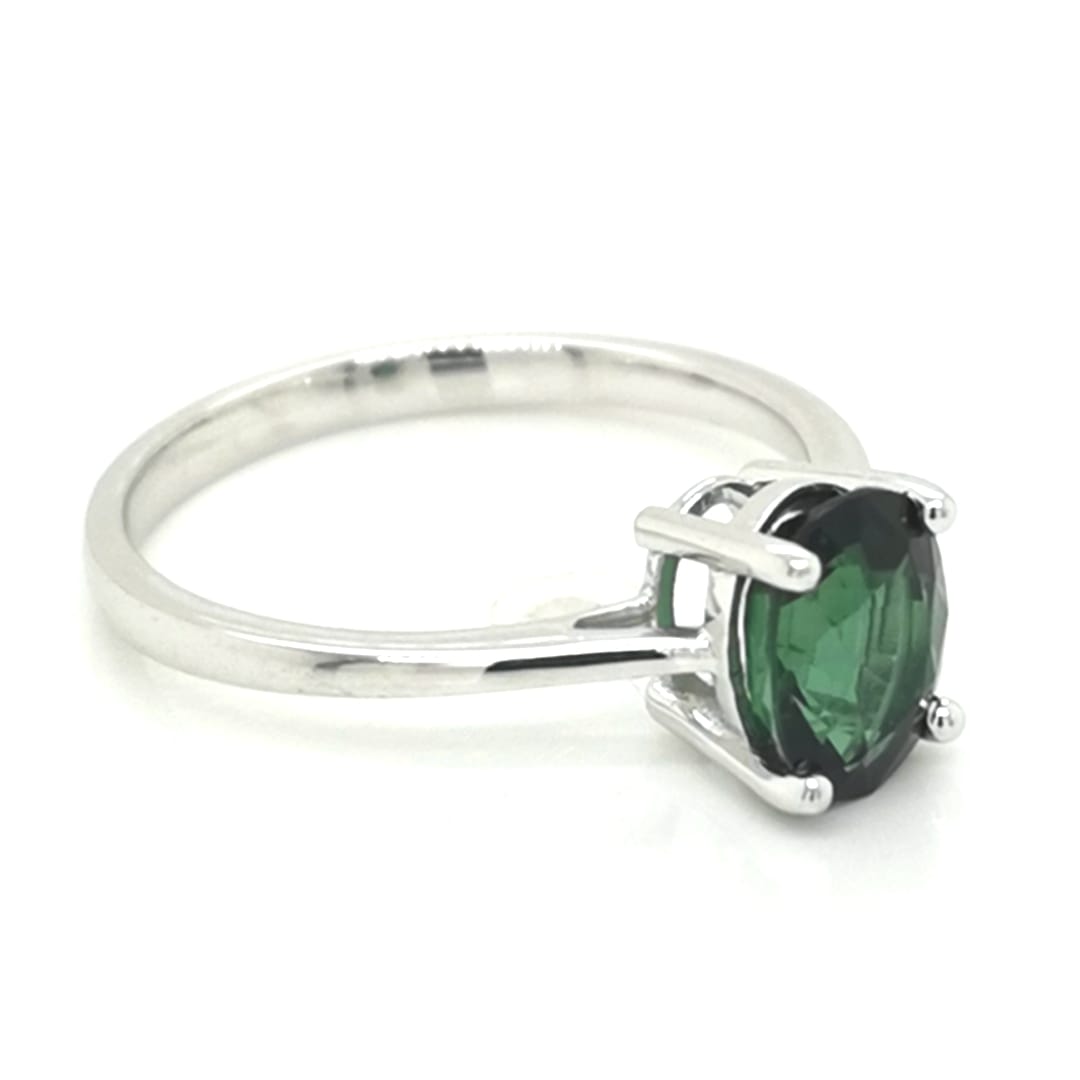 Green Tourmaline Ring In 18k White Gold.