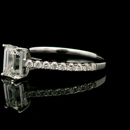 Solitaire Emerald-Cut Diamond Ring with Sparkling Diamond Encrusted  Band in 18k Gold.