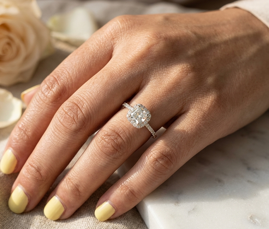 Natural Radiant Cut Diamond Halo Engagement Ring in 18K Yellow Gold