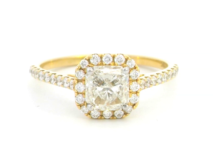 1.01 Carat Radiant Cut Diamond Halo Engagement Ring in 18k Yellow Gold.