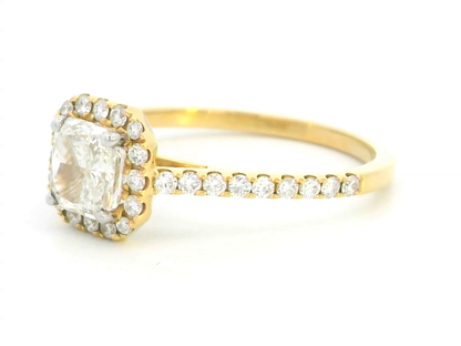 1.01 Carat Radiant Cut Diamond Halo Engagement Ring in 18k Yellow Gold.