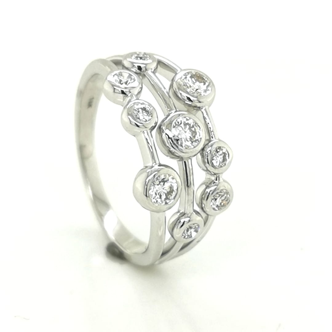 Three Row Diamond Bubble Ring In 18k White Gold.