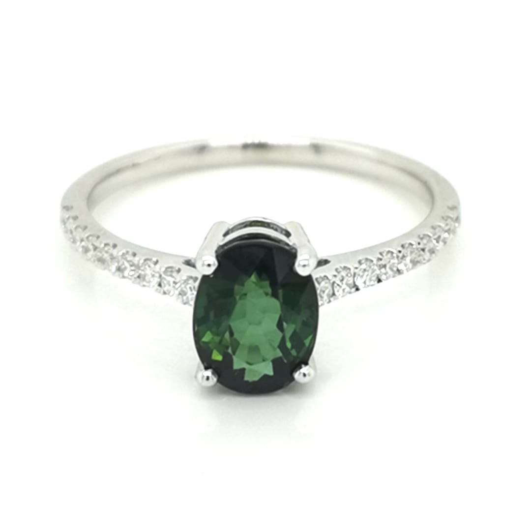 Green Tourmaline And Diamond Ring In 18k White Gold.