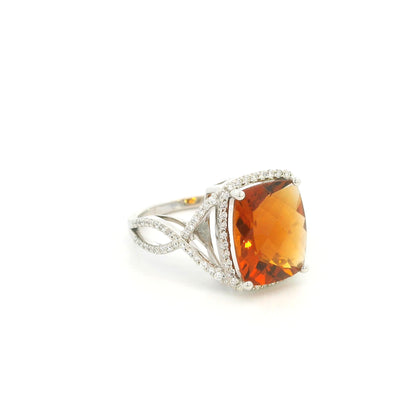 Cushion cut citrine diamond halo ring with sculptural split shank in 18K white gold