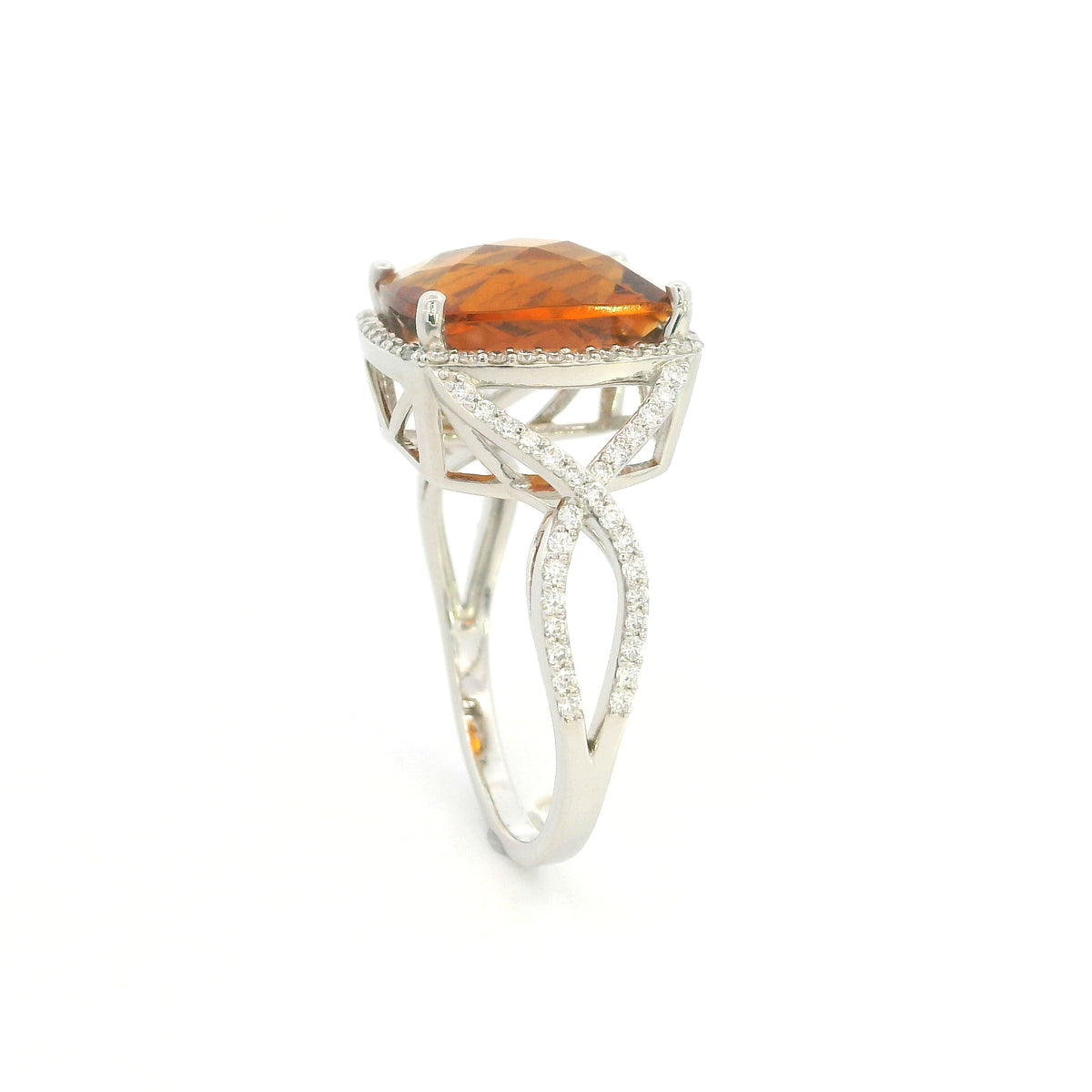 Cushion cut citrine diamond halo ring with sculptural split shank in 18K white gold