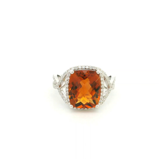 Cushion cut citrine diamond halo ring with sculptural split shank in 18K white gold