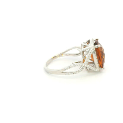 Cushion cut citrine diamond halo ring with sculptural split shank in 18K white gold
