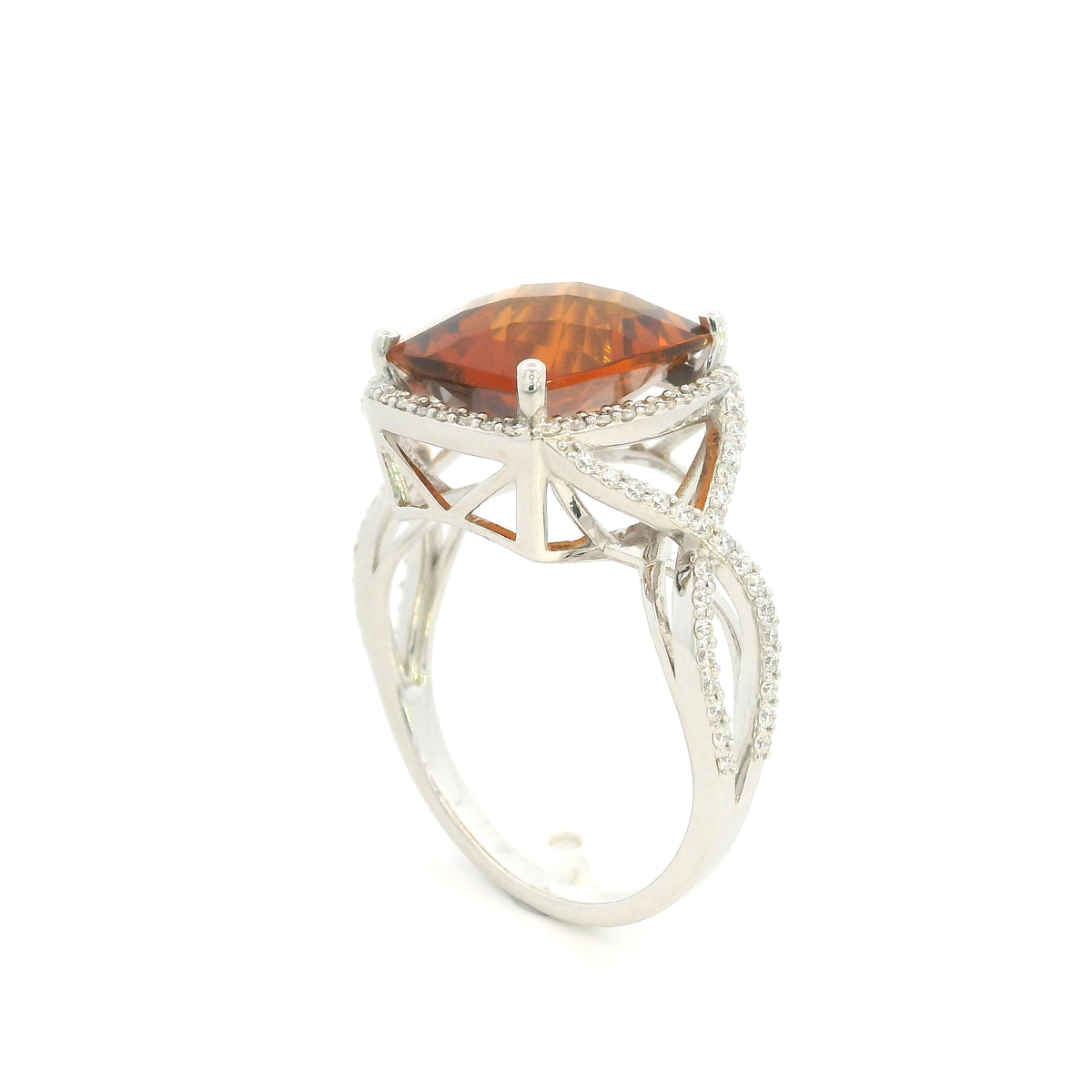 Cushion cut citrine diamond halo ring with sculptural split shank in 18K white gold
