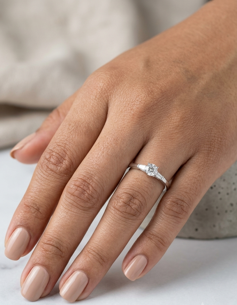 18K white gold round diamond solitaire ring with tapered baguette side diamonds and a classic elegant design.