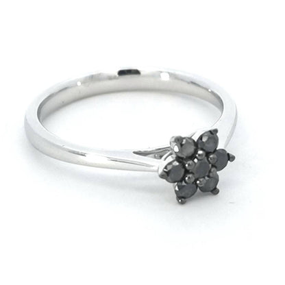 Flower Design Black Diamond Ring In 18k White Gold.
