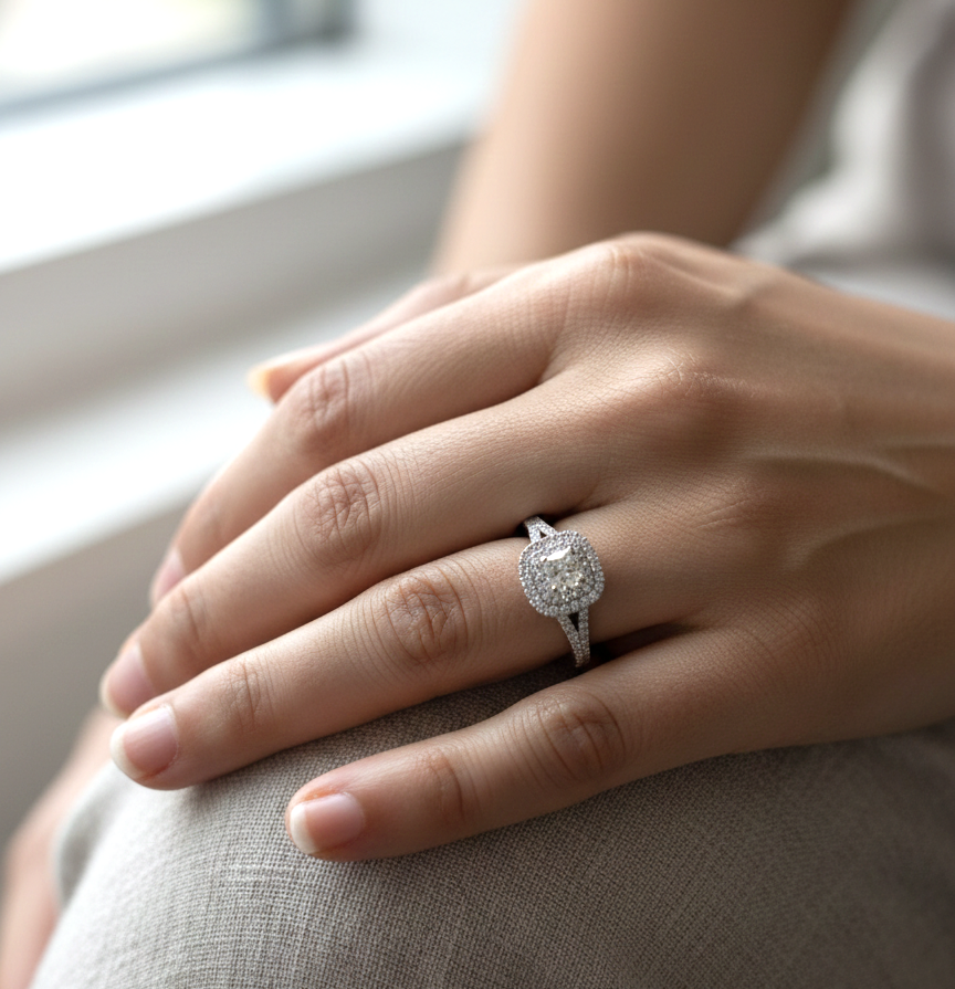 Cushion cut diamond halo engagement ring in 18K white gold with pavé diamond band by Emirates Diamonds