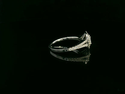 Cushion cut diamond halo engagement ring in 18K white gold with pavé diamond band by Emirates Diamonds