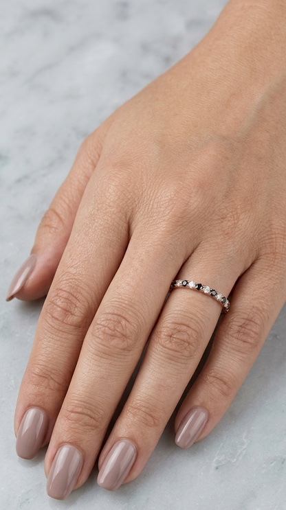 18K Rose Gold Black and White Diamond Wedding Band featuring alternating natural black diamonds and white diamonds in a slim stackable design.