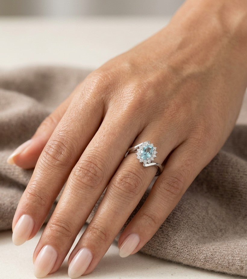 Aquamarine Diamond Halo Ring in 18K White Gold