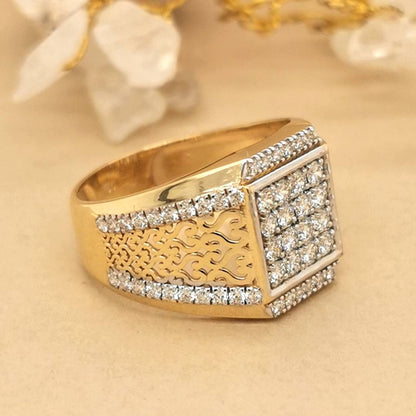 Cluster Set Men's Diamond Ring In 18k Yellow Gold.