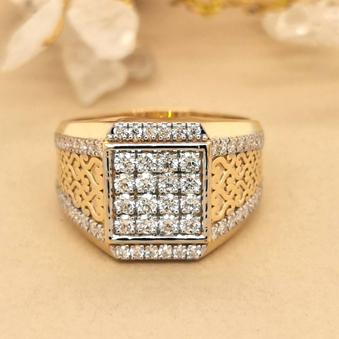 Cluster Set Men's Diamond Ring In 18k Yellow Gold.