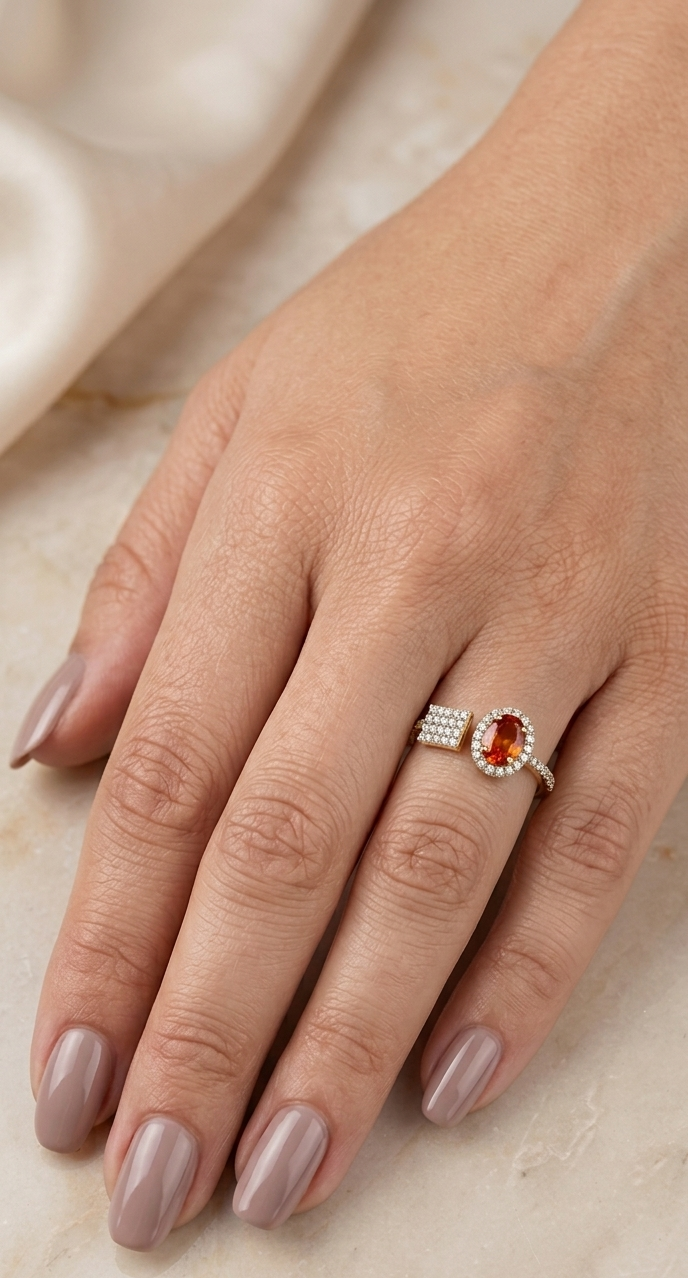 18K Yellow Gold Citrine Open Ring featuring a 0.68 carat natural oval citrine with a diamond halo and pavé diamond square accent.