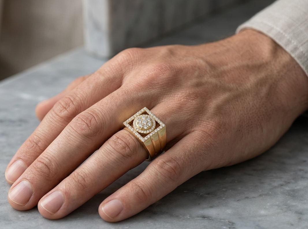 Men's Diamond Signet Ring in 18K Yellow Gold | Square Shape Diamond Ring