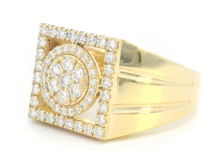 Men's Diamond Ring With Cluster Set Diamonds And Square Halo In 18k Yellow Gold