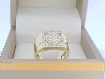 Men's Diamond Ring With Cluster Set Diamonds And Square Halo In 18k Yellow Gold