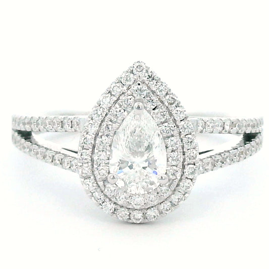 0.50 Carat Solitaire Pear Shape Diamond Ring With Double Halo In 18k Gold.