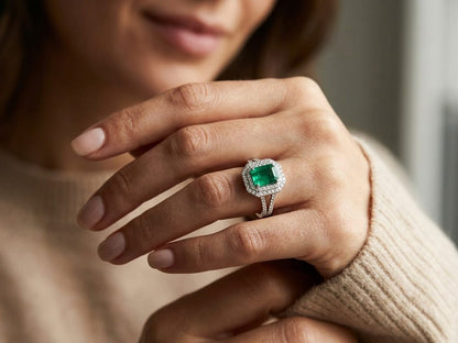 18k Gold Emerald Cut 1.85 Carat Emerald Ring with 0.55 Carat Double Diamond Halo and Split Band