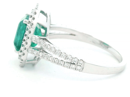 18k Gold Emerald Cut 1.85 Carat Emerald Ring with 0.55 Carat Double Diamond Halo and Split Band