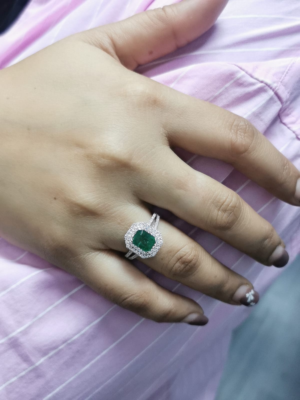 18k Gold Emerald Cut 1.85 Carat Emerald Ring with 0.55 Carat Double Diamond Halo and Split Band