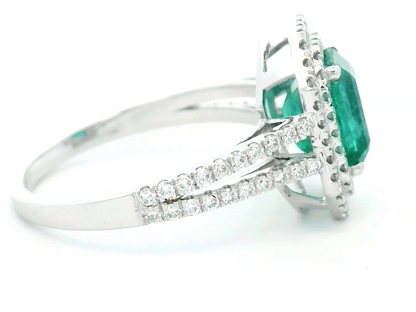 18k Gold Emerald Cut 1.85 Carat Emerald Ring with 0.55 Carat Double Diamond Halo and Split Band