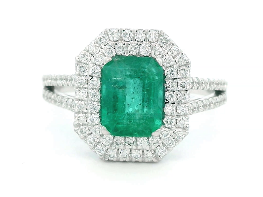 18k Gold Emerald Cut 1.85 Carat Emerald Ring with 0.55 Carat Double Diamond Halo and Split Band