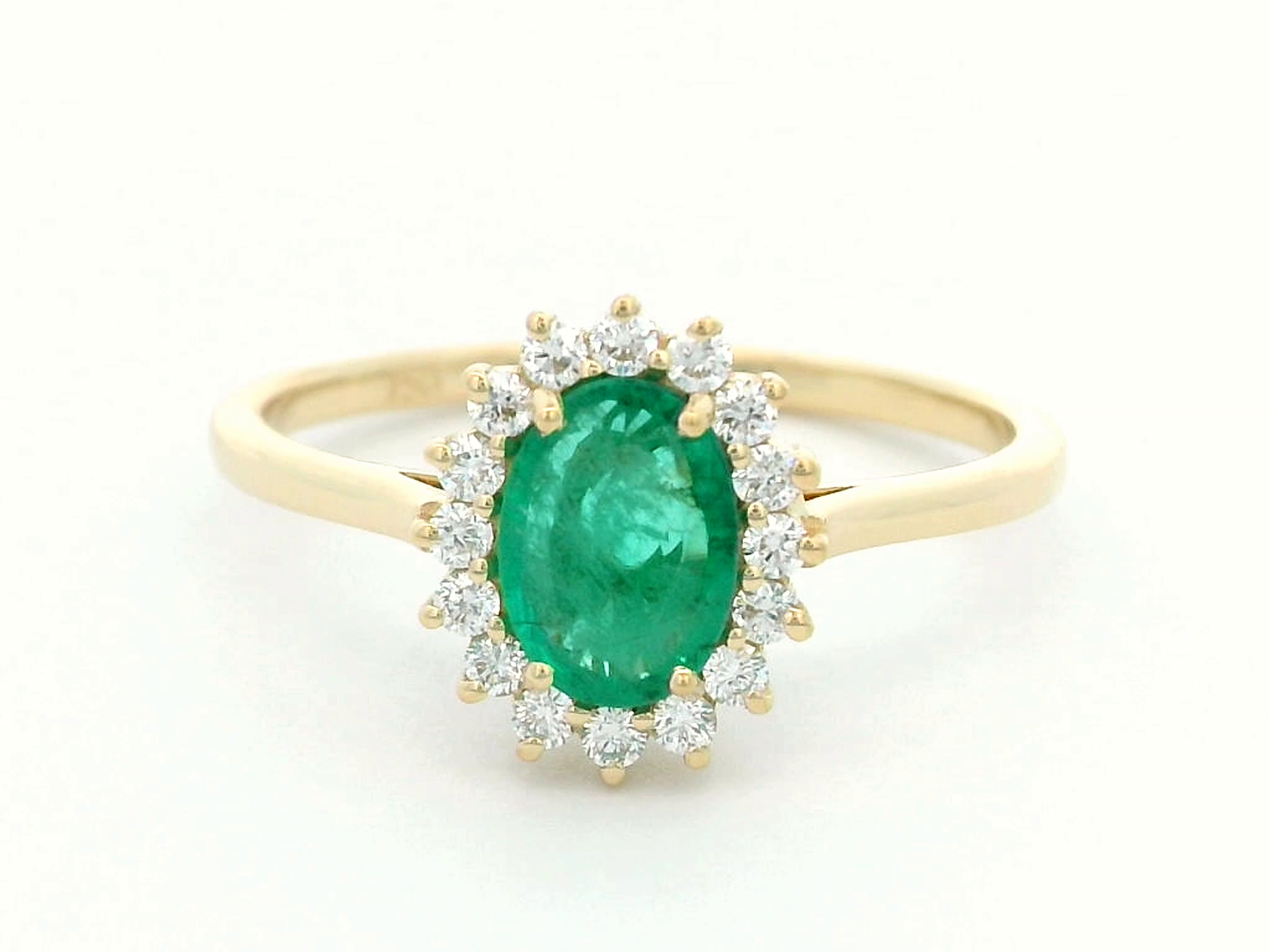 18k Yellow Gold Oval Emerald Ring with Diana-Style Diamond Halo - 0.75ct Emerald