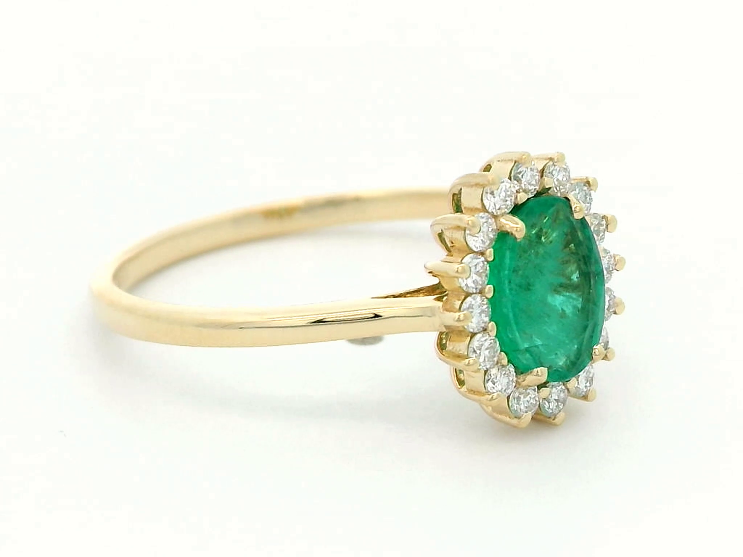 18k Yellow Gold Oval Emerald Ring with Diana-Style Diamond Halo - 0.75ct Emerald