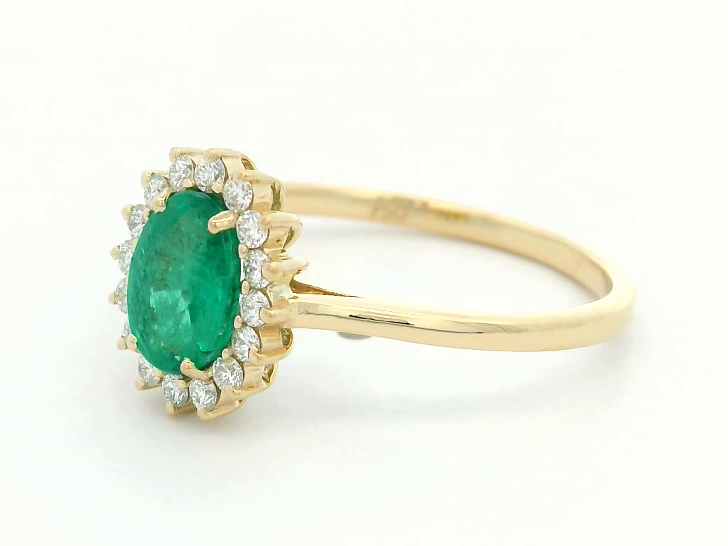 18k Yellow Gold Oval Emerald Ring with Diana-Style Diamond Halo - 0.75ct Emerald