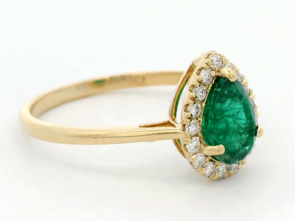 18k Yellow Gold Pear-Shaped Emerald Ring with Diamond Halo.