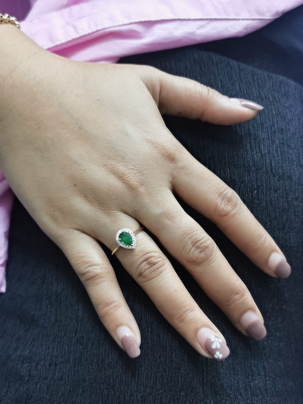 18k Yellow Gold Pear-Shaped Emerald Ring with Diamond Halo.