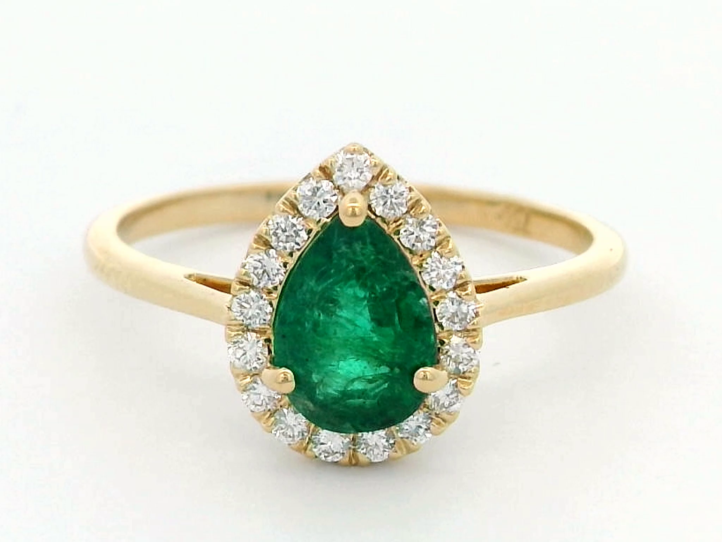 18k Yellow Gold Pear-Shaped Emerald Ring with Diamond Halo.