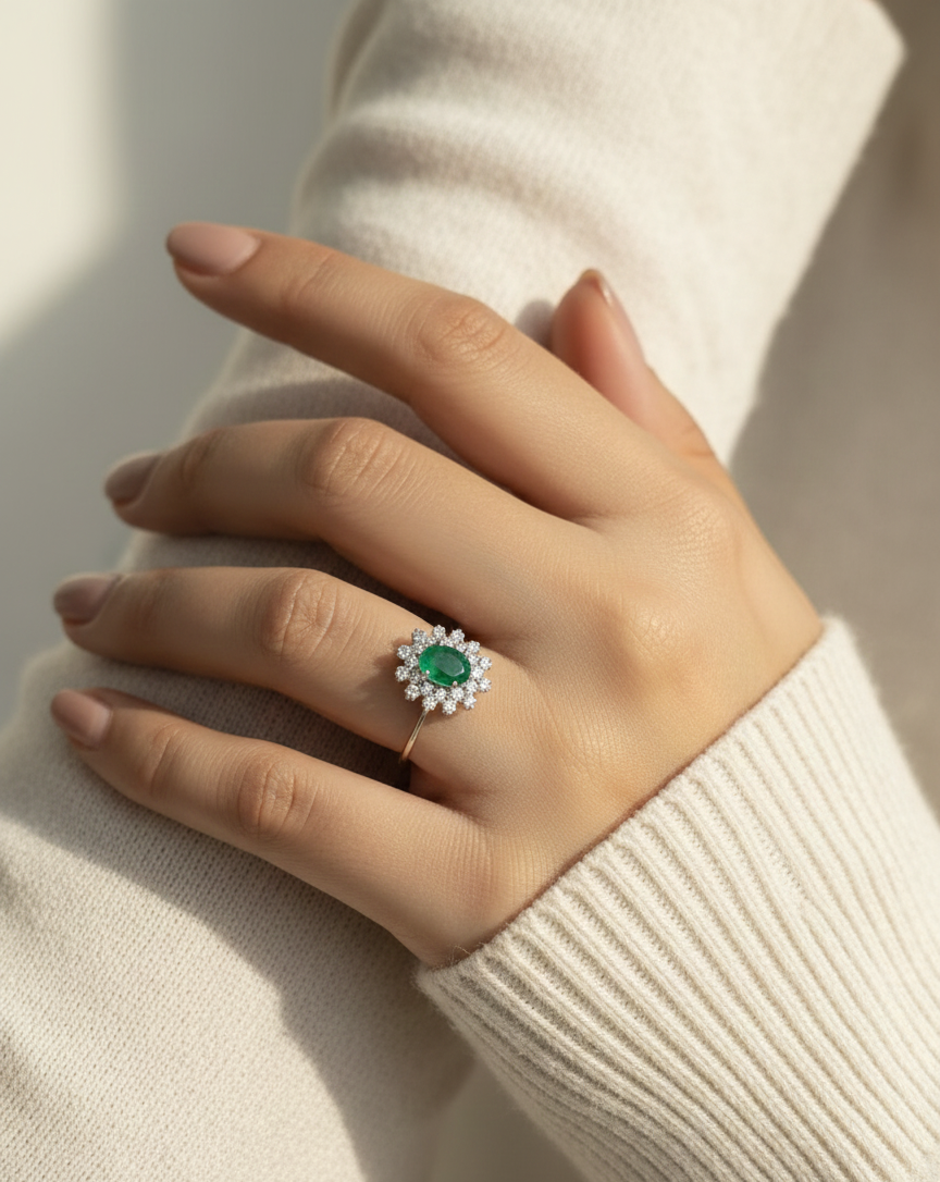 18K white gold emerald and diamond halo ring featuring a 0.92 carat oval emerald and 0.25 carat diamond cluster – fine jewelry by Emirates Diamonds