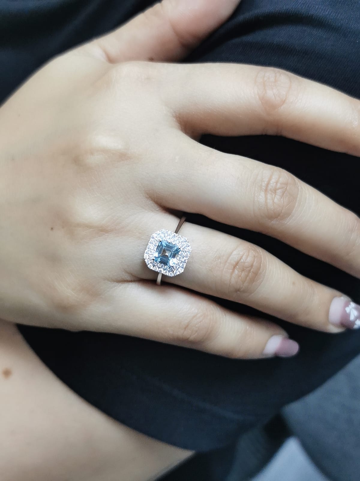 Asscher-Cut Aquamarine Double Halo Ring In 18k White Gold.