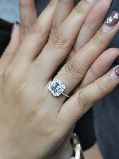 Asscher-Cut Aquamarine Double Halo Ring In 18k White Gold.