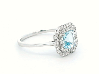 Asscher-Cut Aquamarine Double Halo Ring In 18k White Gold.