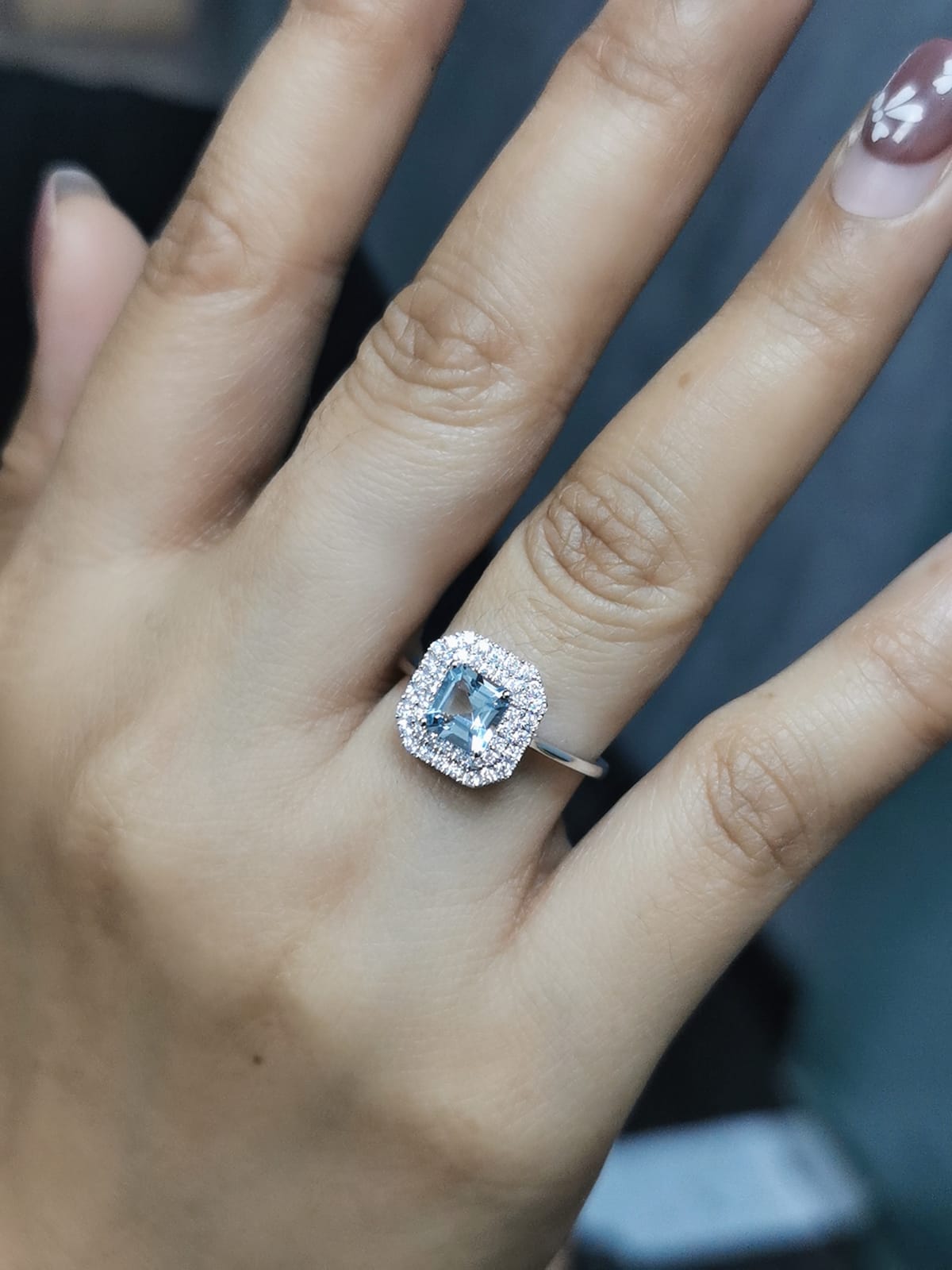 Asscher-Cut Aquamarine Double Halo Ring In 18k White Gold.