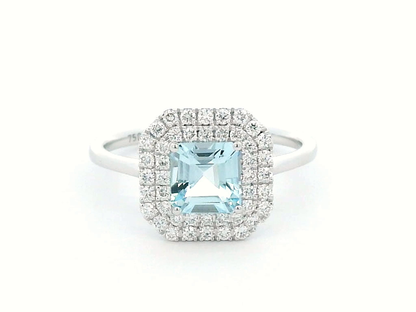 Asscher-Cut Aquamarine Double Halo Ring In 18k White Gold.