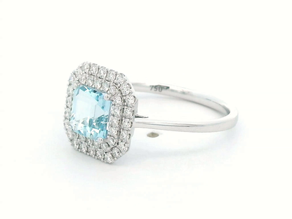 Asscher-Cut Aquamarine Double Halo Ring In 18k White Gold.