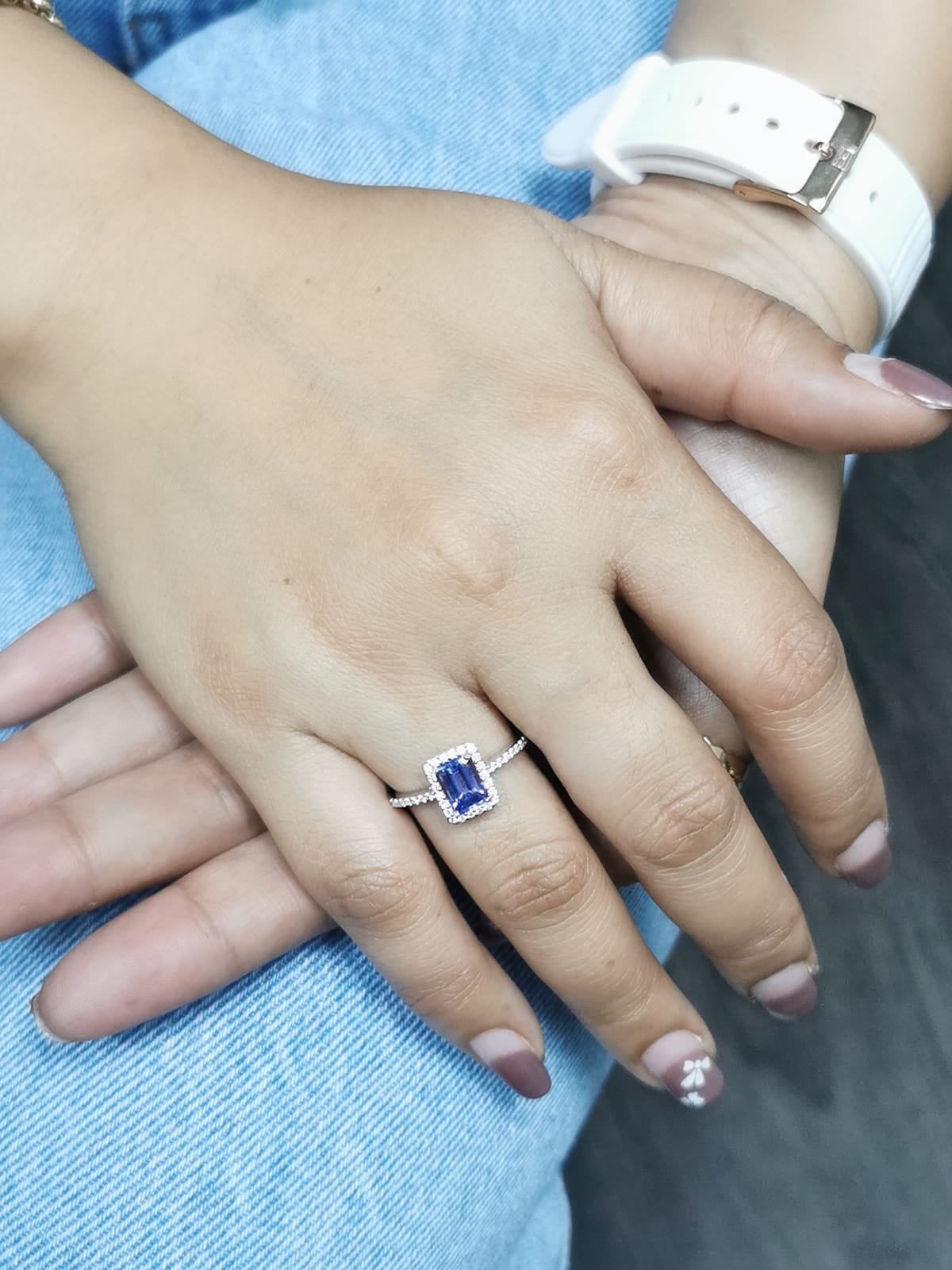 1.28ct Emerald Cut Tanzanite Ring with Diamond Halo in 18K Gold