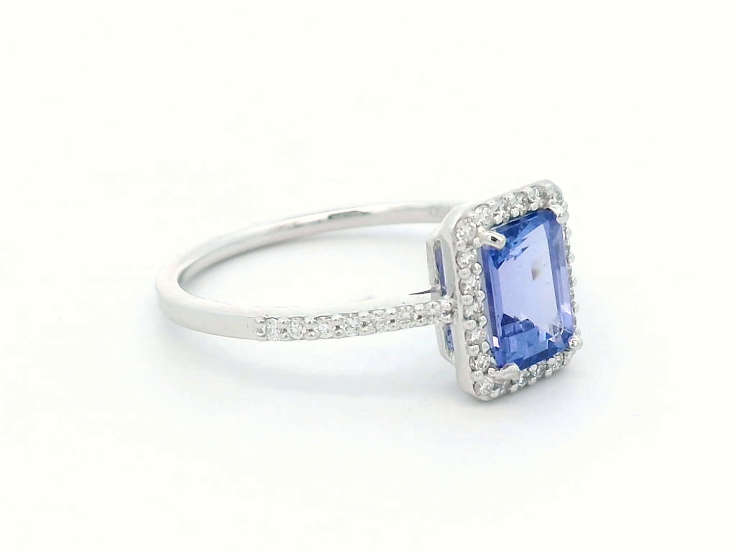 1.28ct Emerald Cut Tanzanite Ring with Diamond Halo in 18K Gold