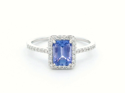 1.28ct Emerald Cut Tanzanite Ring with Diamond Halo in 18K Gold